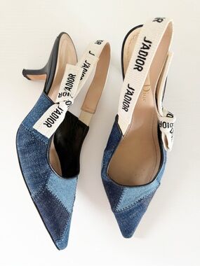 Christian Dior J'Adior Slingback Pumps Blue Patchwork Denim EU 37.5 US 7.5
